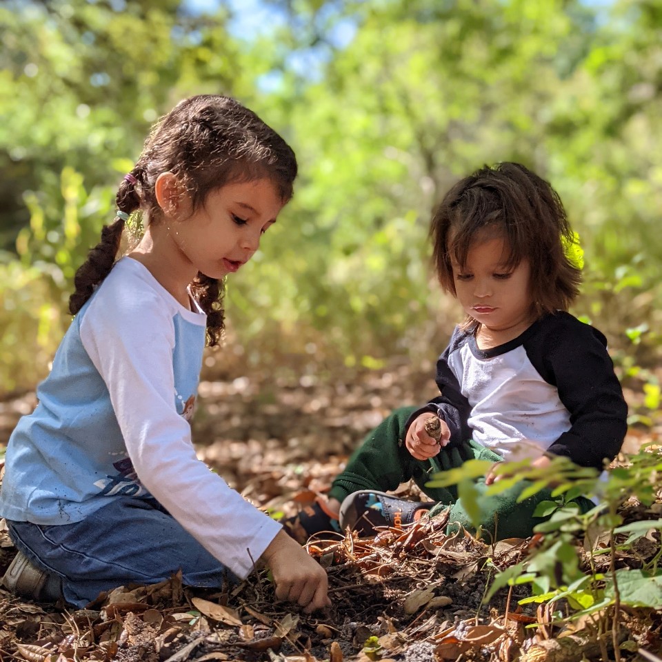 Two children exploring the forest floor
